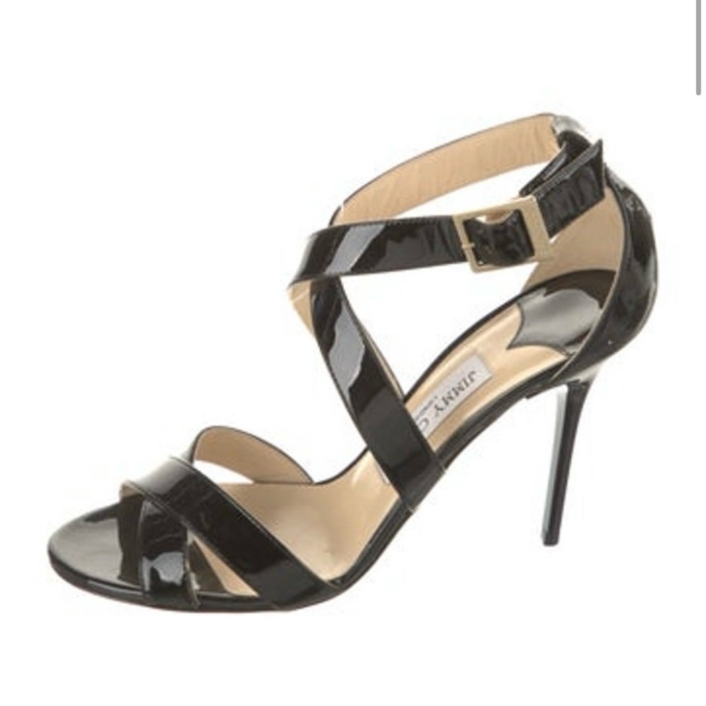 JIMMY CHOO | Lottie Black Patent Leather Sandal Stiletto EU 38.5